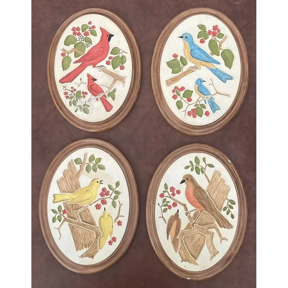 VTG‎ Chalkware Birds of America Wall Plaques Set 4 Cardinal Robin Decor